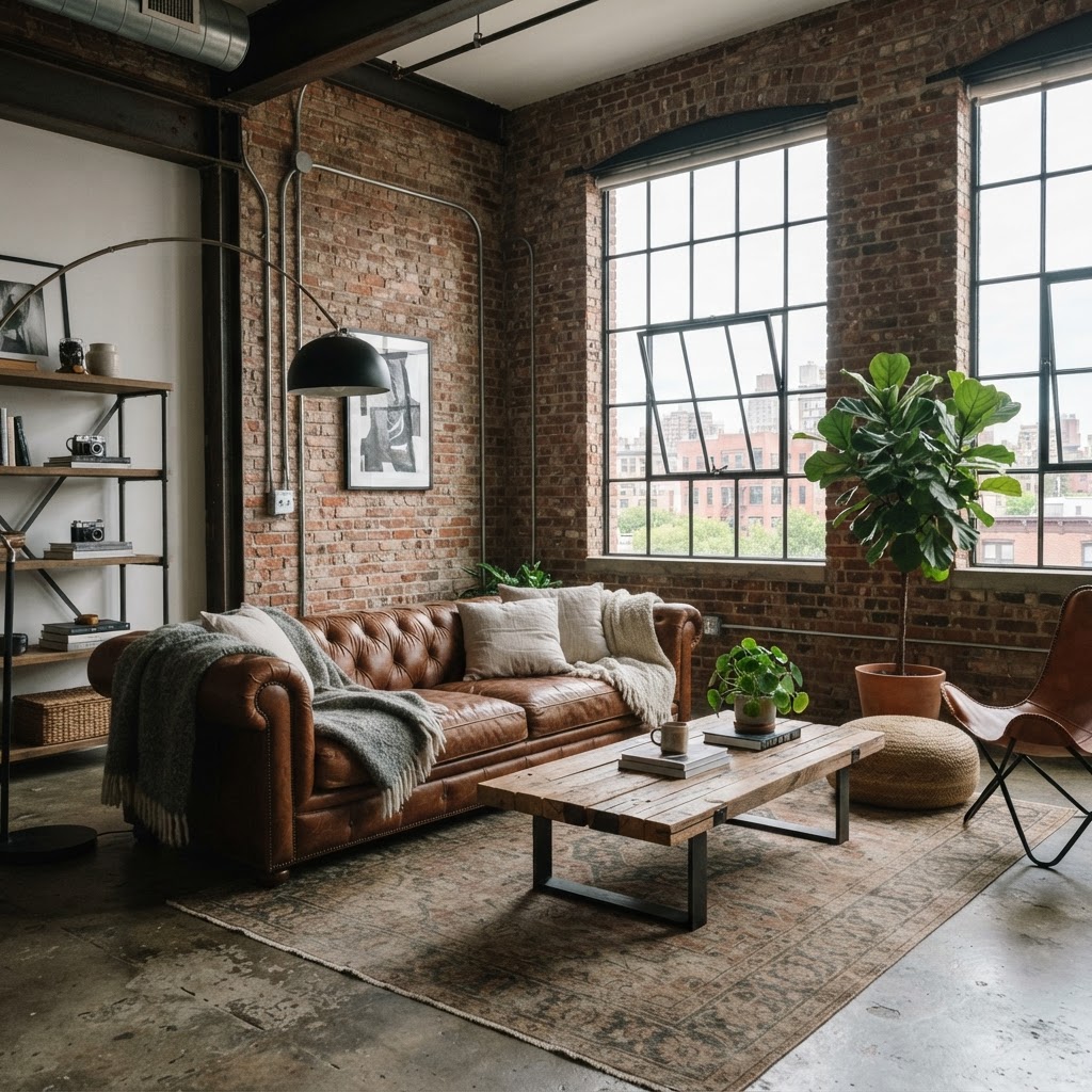 Industrial loft living room with a brown leather chesterfield sofa, an exposed brick wall, tall black steel windows and a metal and wood coffee table