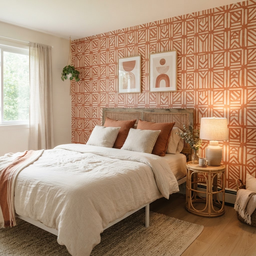 Rented bedroom feature wall behind a bed covered in terracotta and cream geometric peel and stick wallpaper, with linen bedding, a rattan bedside table and a lamp