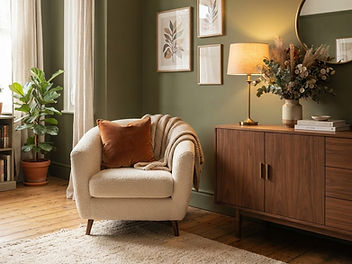 Living room with olive green painted walls, a cream boucle armchair with a rust velvet cushion, a walnut sideboard, a brass lamp and dried flowers in warm light