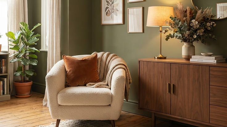 Living room with olive green painted walls, a cream boucle armchair with a rust velvet cushion, a walnut sideboard, a brass lamp and dried flowers in warm light