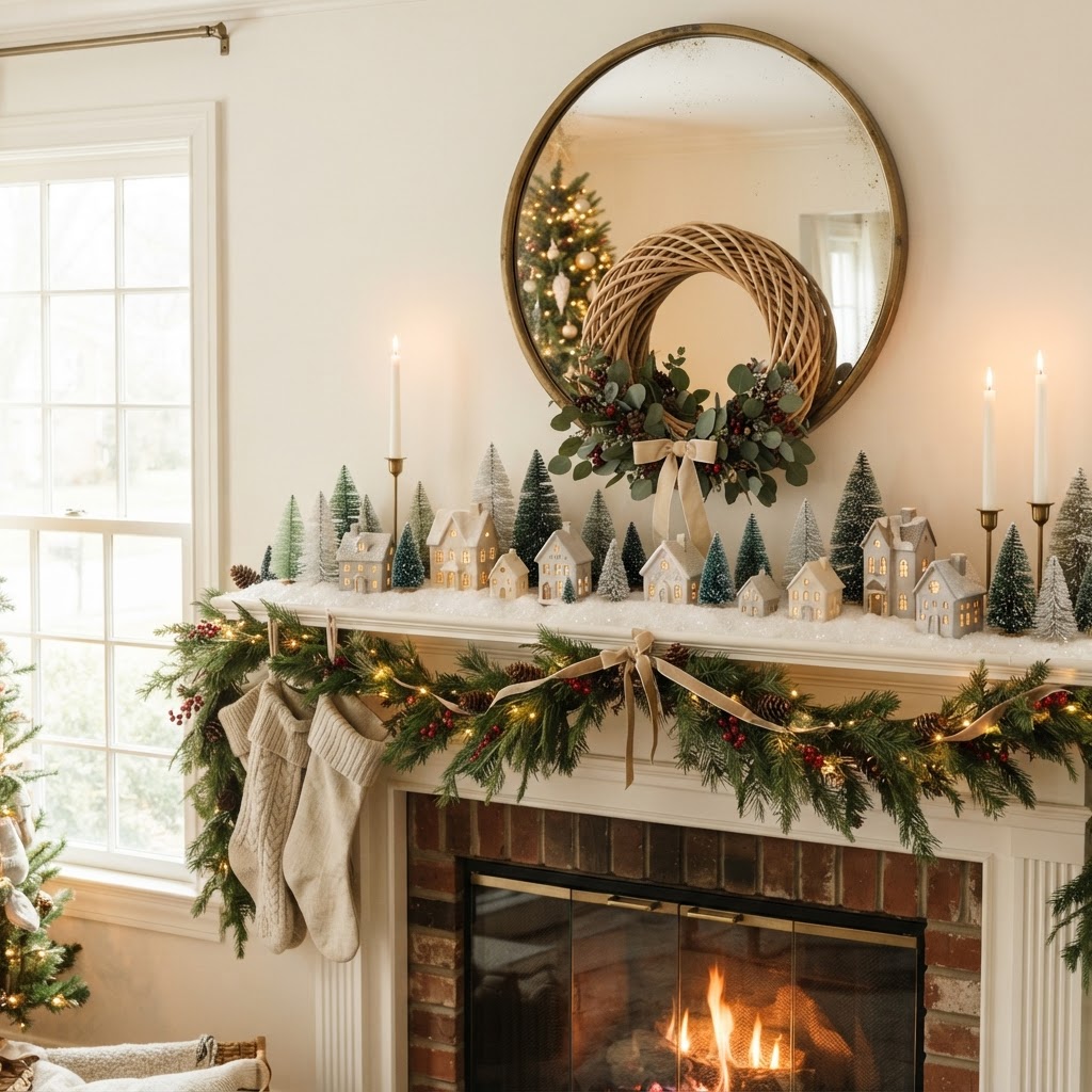 Christmas mantel decorated with small bottle brush trees in green and white, tiny ceramic houses and artificial snow
