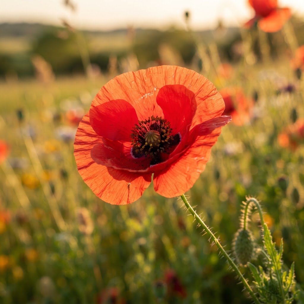 Close-up of a single red corn poppy flower with a black centre backlit by the sun