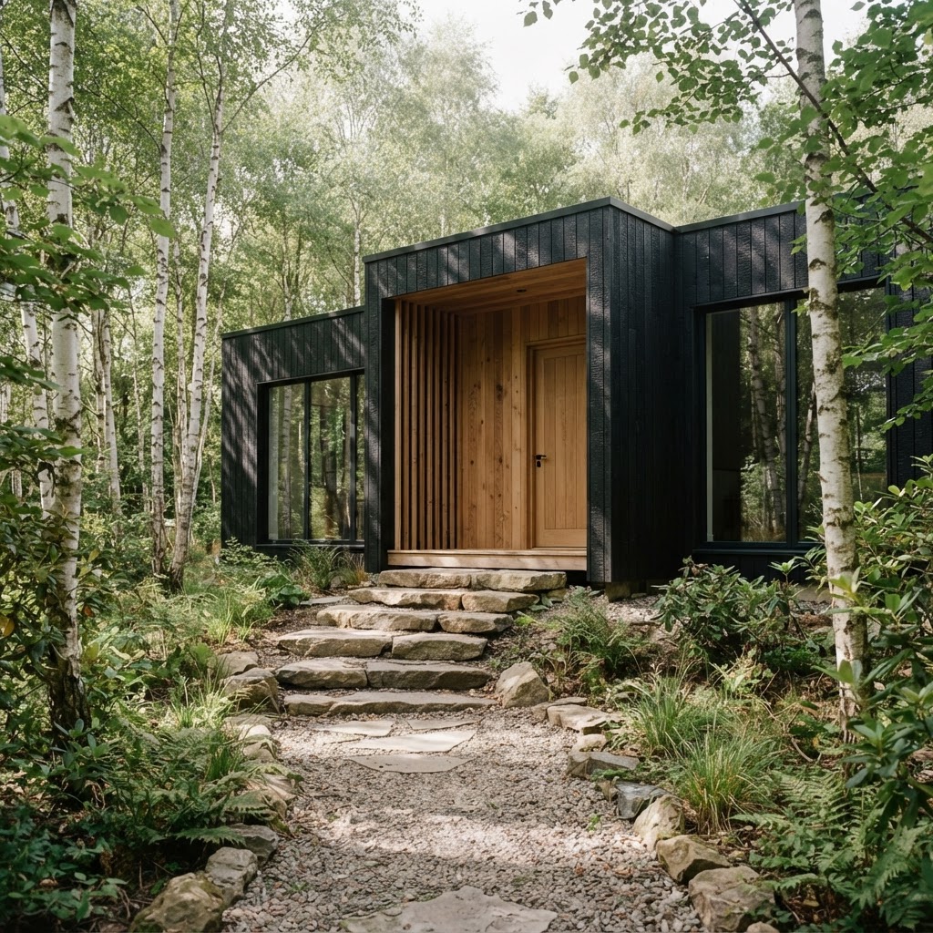 Modern house clad in charred black timber with a natural larch entrance recess and wooden front door, reached by rough stone steps among birch trees and ferns