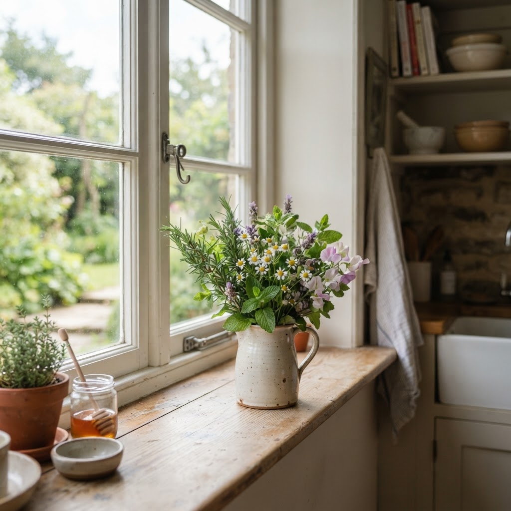 Small jug of rosemary, mint, chamomile and a few garden flowers on a kitchen windowsill