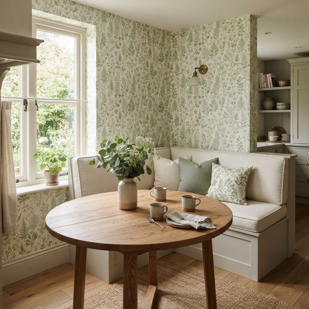 Kitchen breakfast nook with a cream banquette, a round wooden table and a fresh green and white botanical wallpaper on the walls