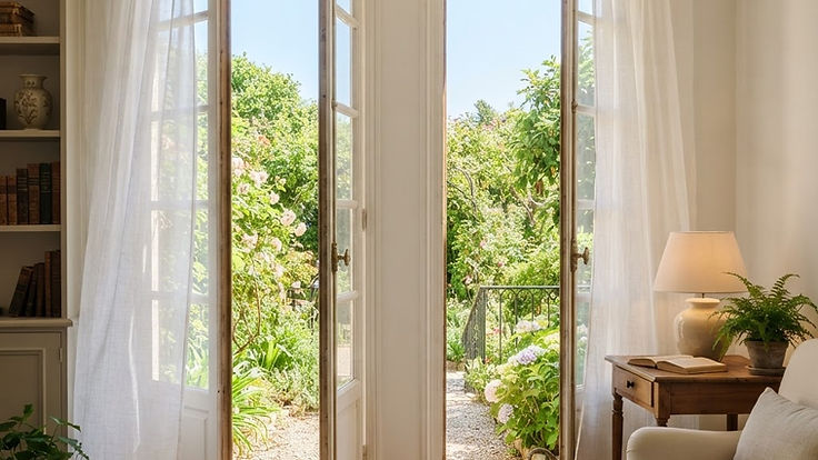 Tall white French casement windows opened inward onto a sunny garden with sheer curtains