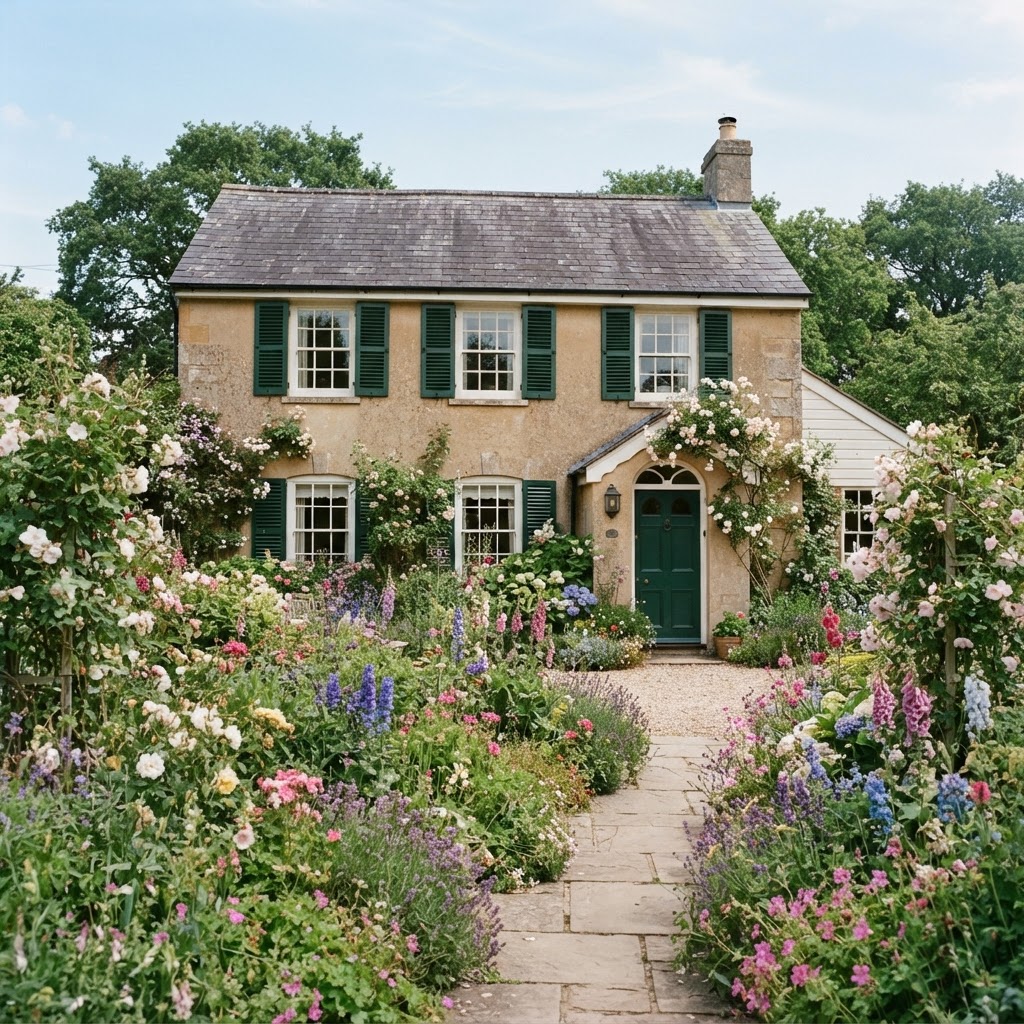 Traditional beige house with deep forest green shutters and a cottage garden in bloom