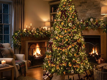 Christmas tree decorated in a natural style with dried orange slices, burgundy and moss green velvet bows, glass baubles and warm white lights beside a fireplace in a cosy living room
