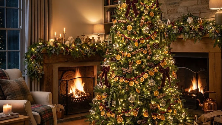 Christmas tree decorated in a natural style with dried orange slices, burgundy and moss green velvet bows, glass baubles and warm white lights beside a fireplace in a cosy living room