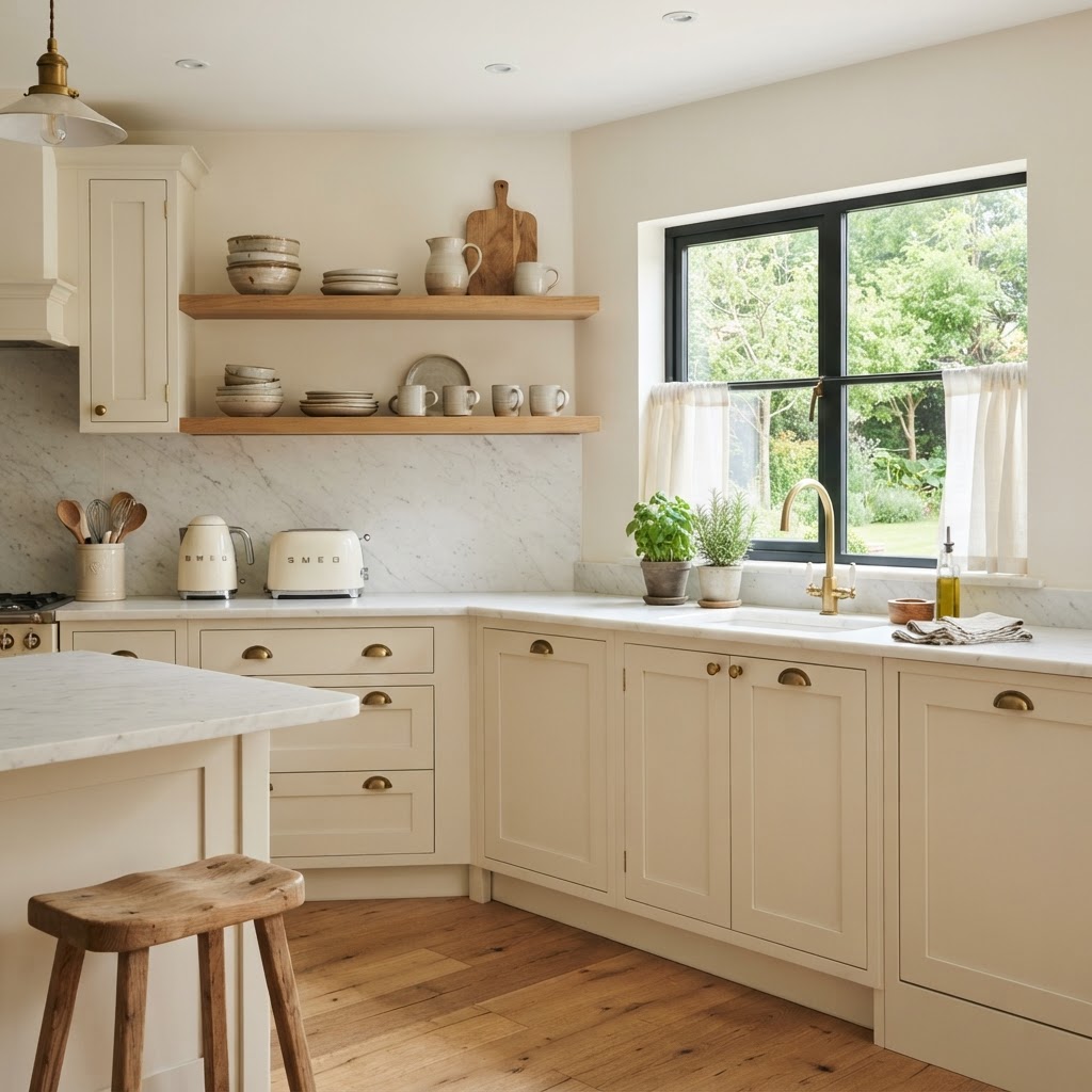 Kitchen with creamy warm white shaker cabinets, brass cup handles, a pale stone worktop, oak open shelves with ceramics and a black-framed window in bright daylight