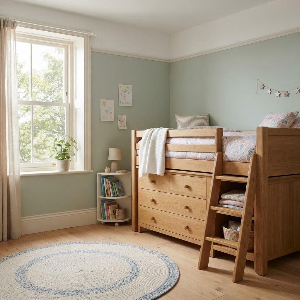 Mid-height wooden cabin bed with drawers and a ladder in a sage green bedroom