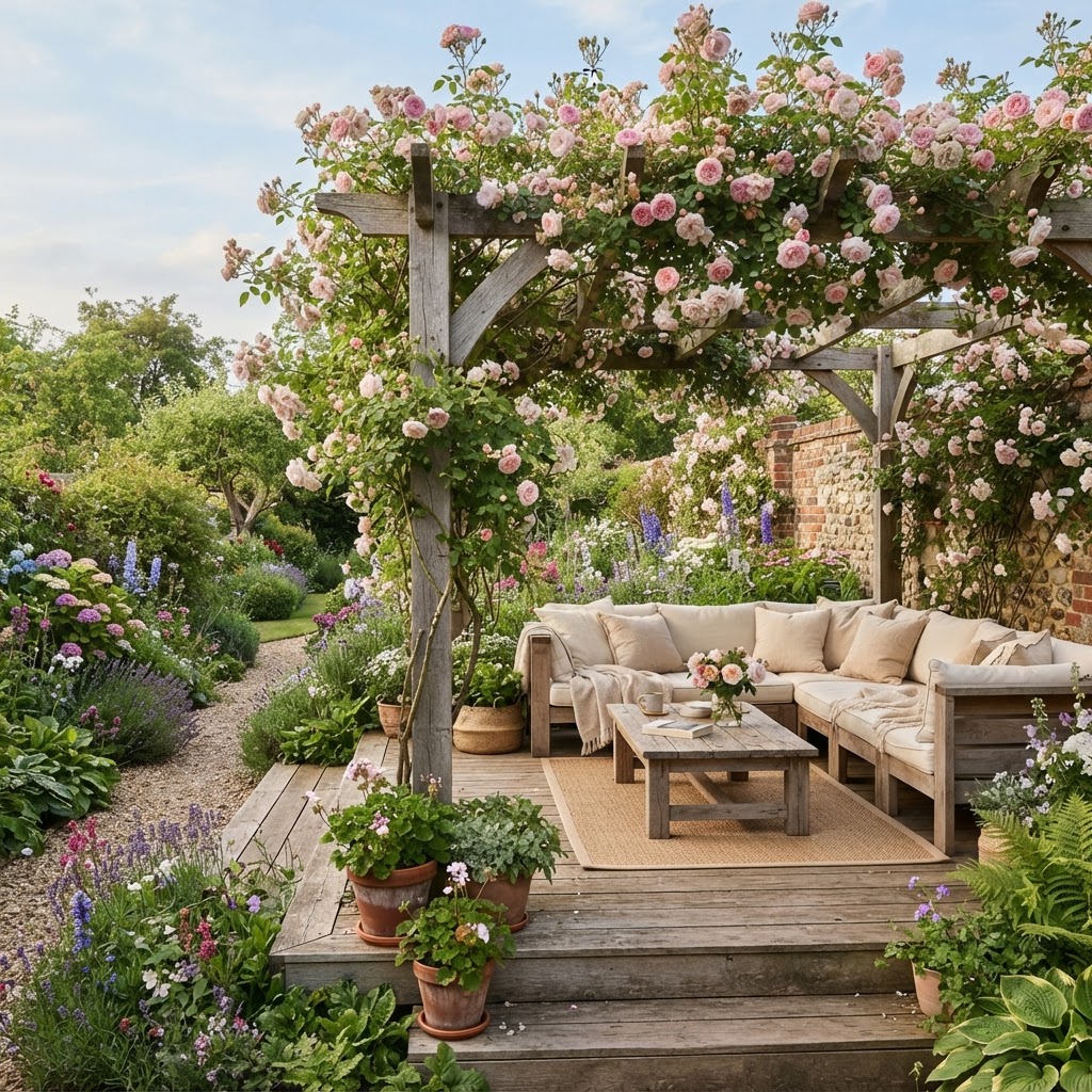 Timber deck with a wooden pergola covered in climbing roses and outdoor sofa seating
