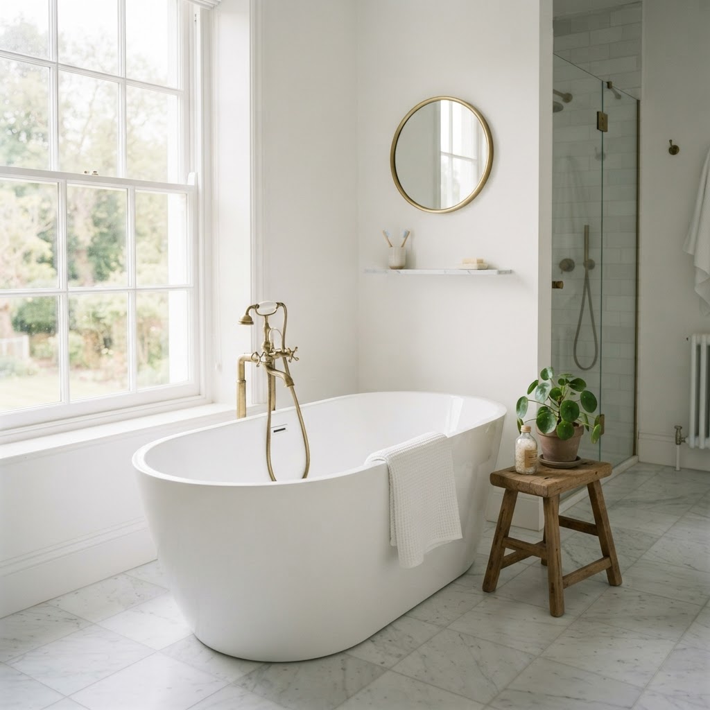 Bright white bathroom with white walls, white marble tiles, a freestanding white bath, brass taps, a round mirror and a small plant