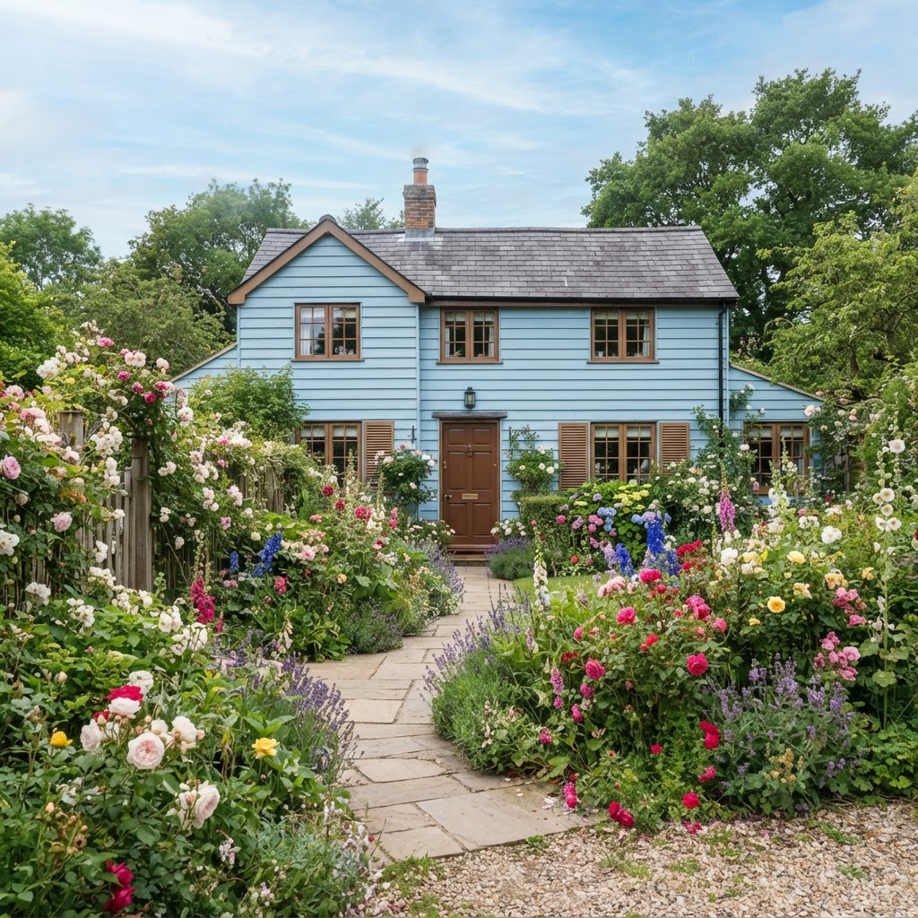 Light blue cottage with warm brown window trim, brown shutters and a brown front door, surrounded by a cottage garden of roses, delphiniums and foxgloves along a stone path