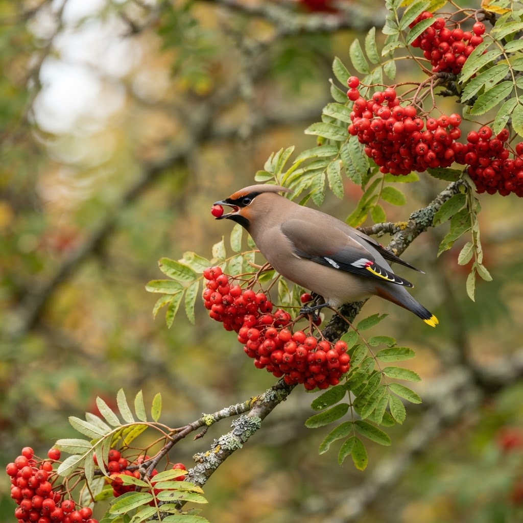 Close-up of clusters of scarlet rowan berries and feathery leaves with a waxwing feeding on them