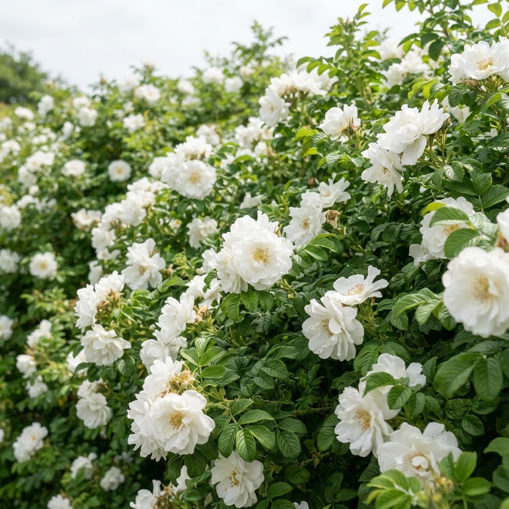 White rugosa rose Blanche Double de Coubert flowering on a hedge with green crinkled leaves