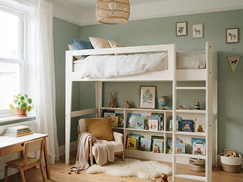 White painted wooden loft bed in a child's bedroom with a cosy reading nook and bookshelves underneath, soft sage walls, a rattan pendant and natural daylight