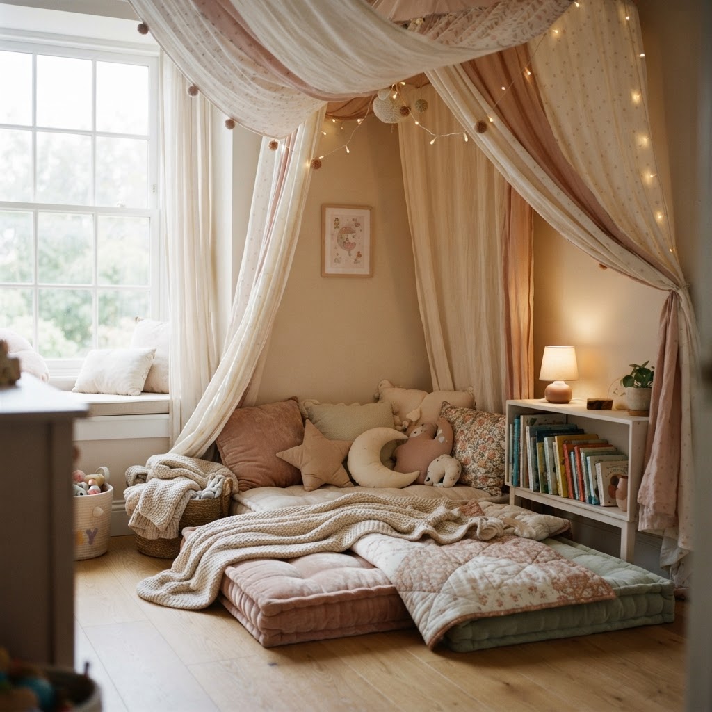 Cosy reading nook with a hanging canopy, floor cushions and a bookshelf