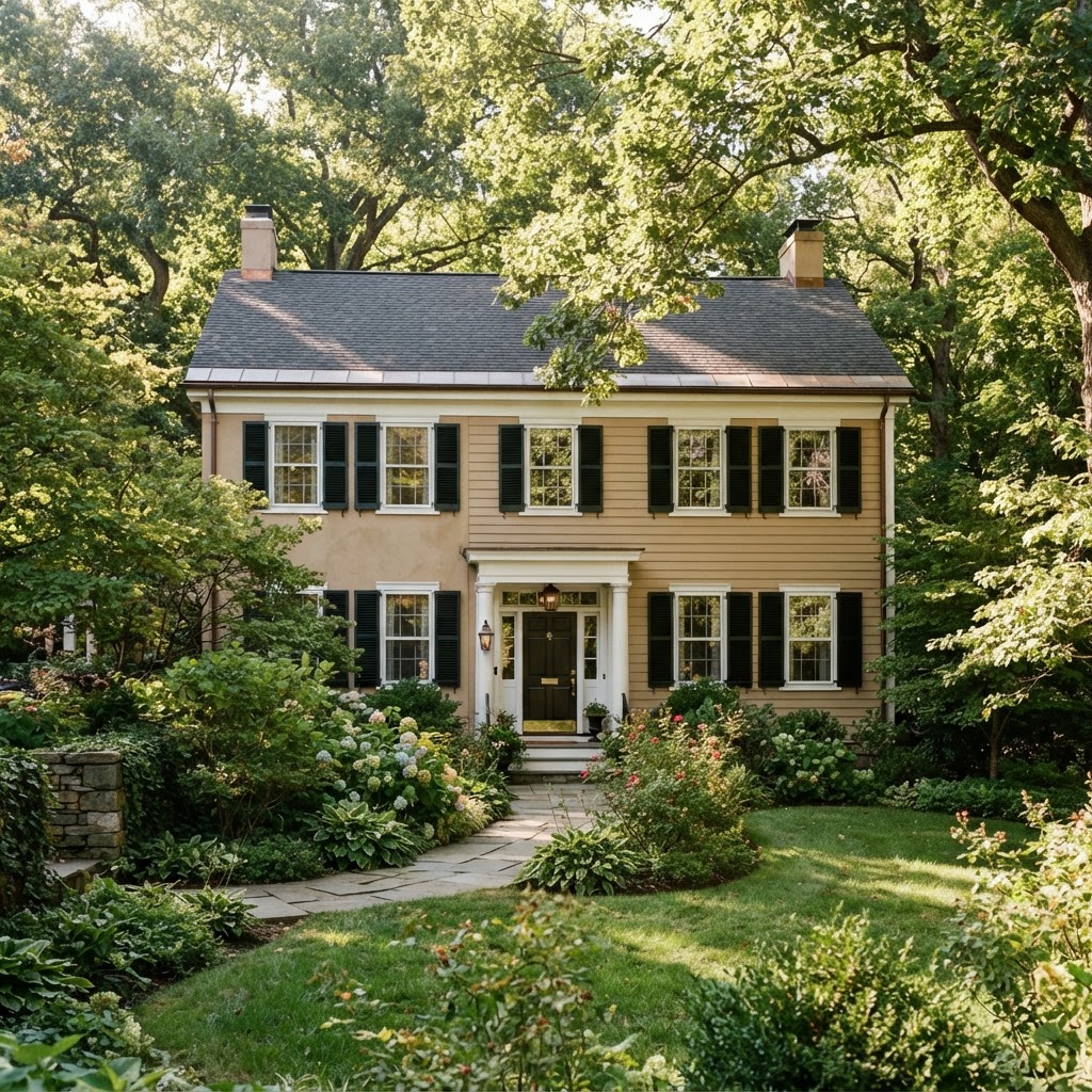 Beige heritage house with very dark green-black louvered shutters and white trim