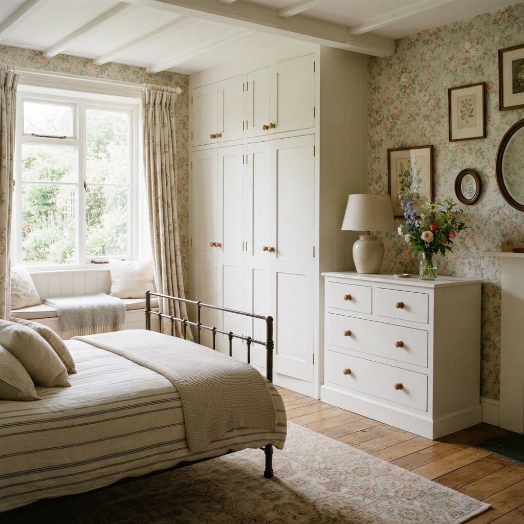 Cottage bedroom with white Shaker-style wardrobes and chest of drawers against floral wallpaper