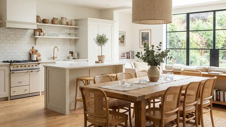Open-plan kitchen and dining room with warm white walls, an oak dining table and cane chairs