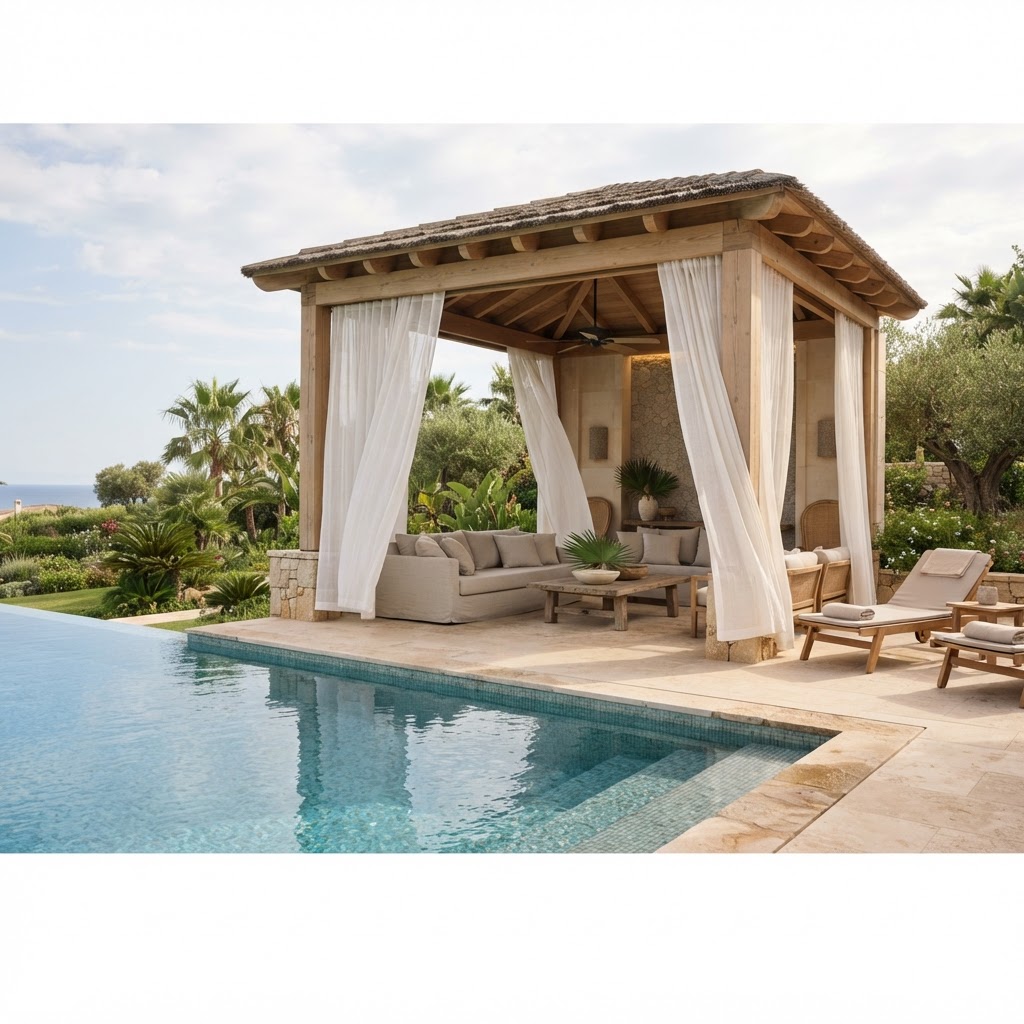 Pool cabana with white curtains, outdoor sofas and a ceiling fan beside a swimming pool