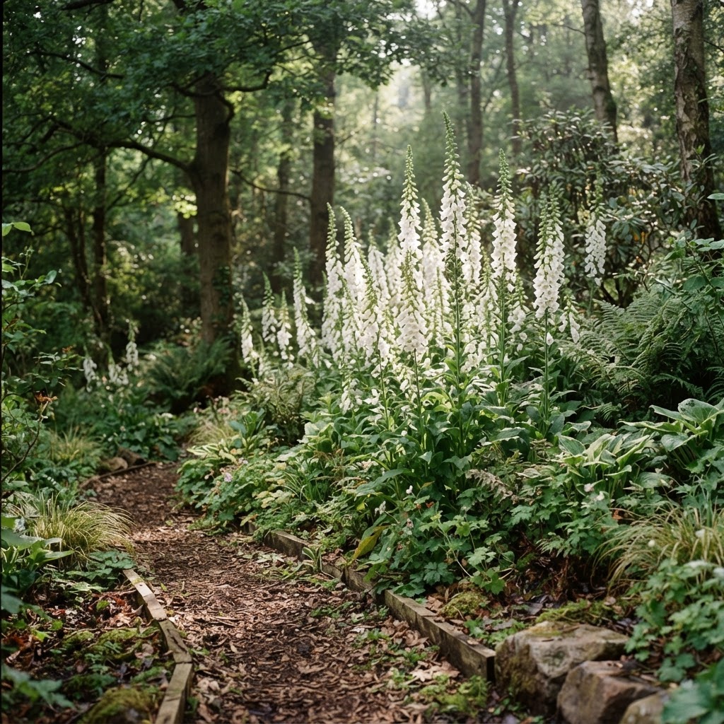 Tall white foxglove spires glowing in a shady woodland border
