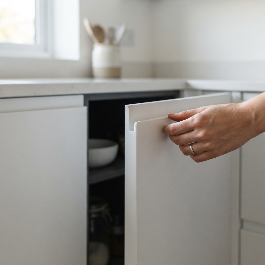 Close-up of a matt white J-pull kitchen door with a shaped groove along its top edge, being pulled open by the fingers of one hand