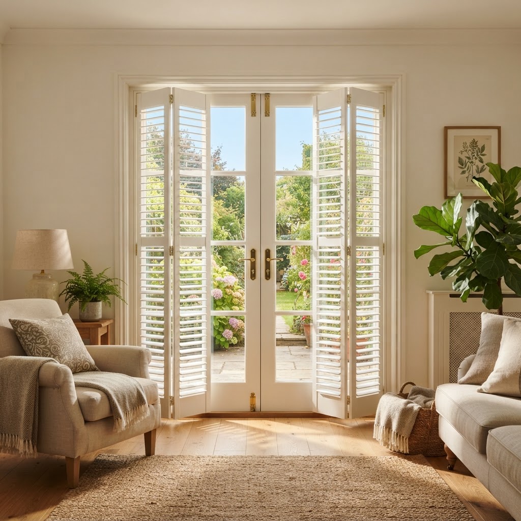 White interior plantation shutters on French doors in a sunny living room