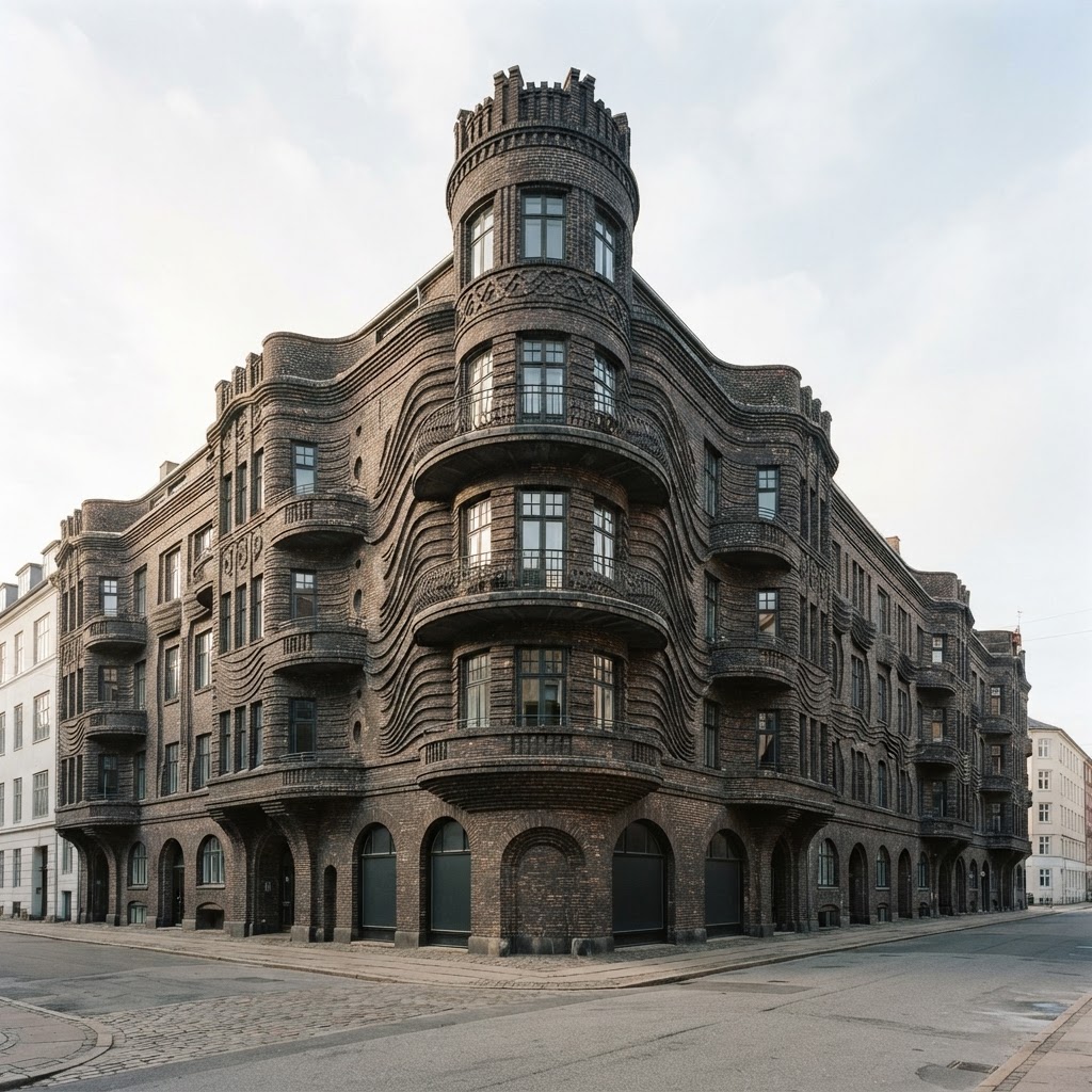 1920s Expressionist brick apartment building with sculptural curved brickwork on a street corner