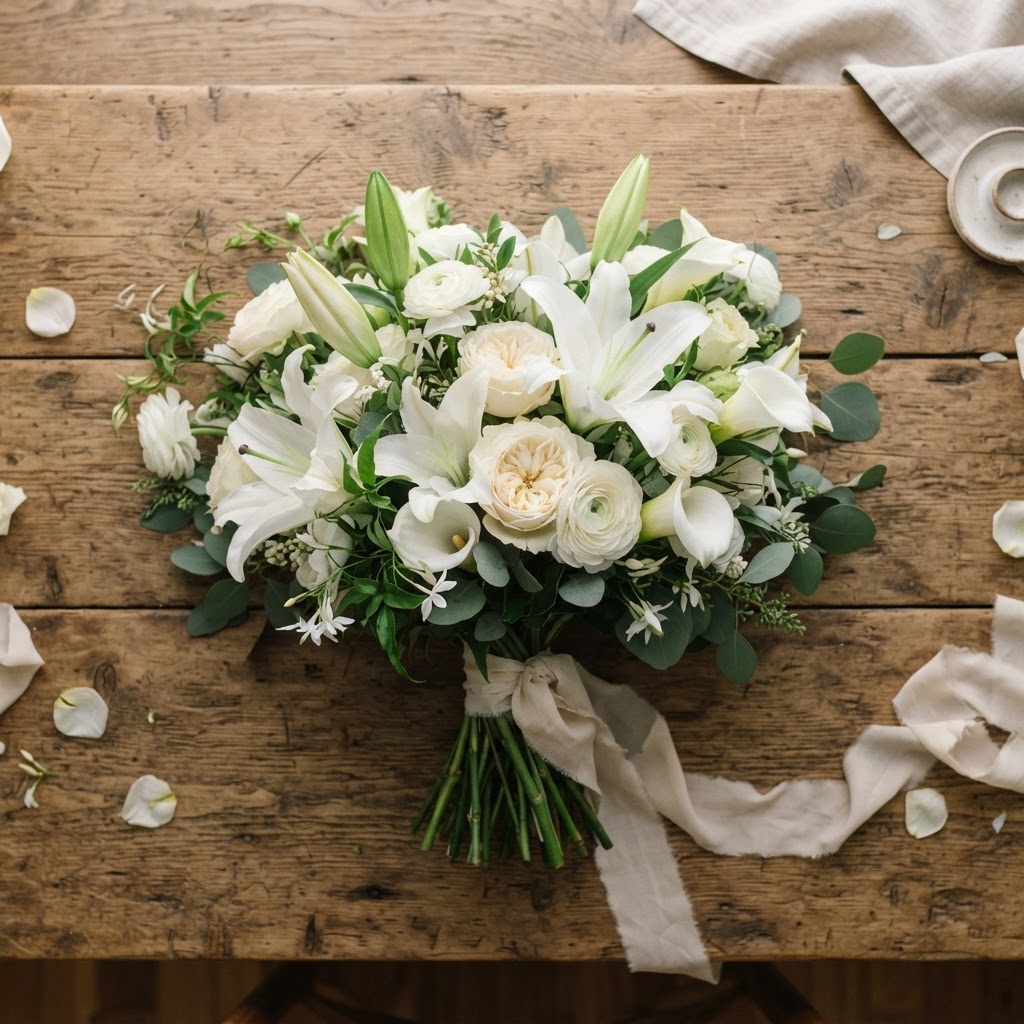 Bridal bouquet of white lilies, white roses and greenery tied with ivory ribbon resting on a wooden table