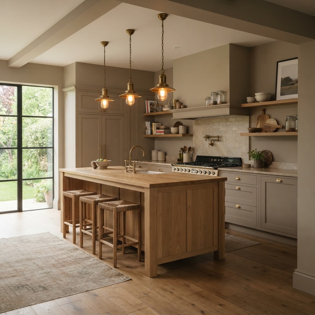 Kitchen with warm greige walls, an oak island and brass pendant lights