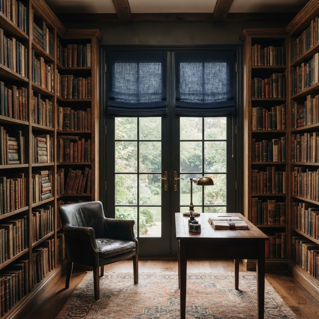 Deep navy Roman blinds on dark French doors in a traditional study lined with books