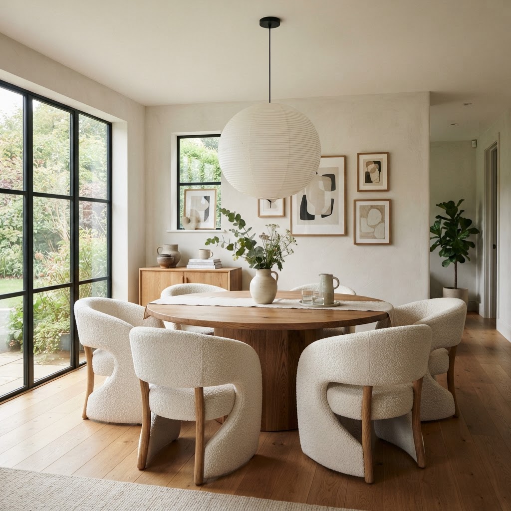 Dining room with curved sculptural tub chairs around a round wooden table under a paper pendant light