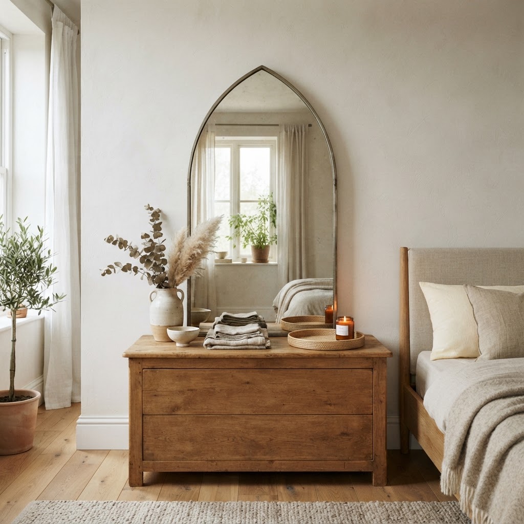 Tall arched mirror above a wooden dresser in a calm bedroom