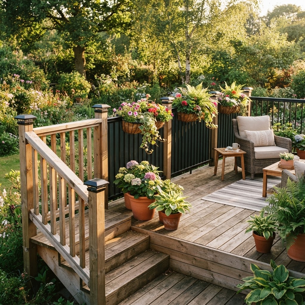 Garden deck with timber railings and square wooden balusters on the steps, a black metal panel railing, hanging planters along the top rail and post cap lights in warm late afternoon light