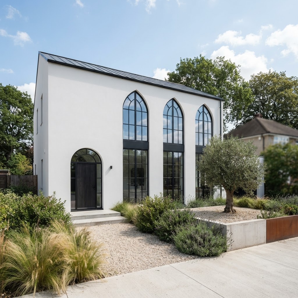 Modern white house with tall arched black-framed windows