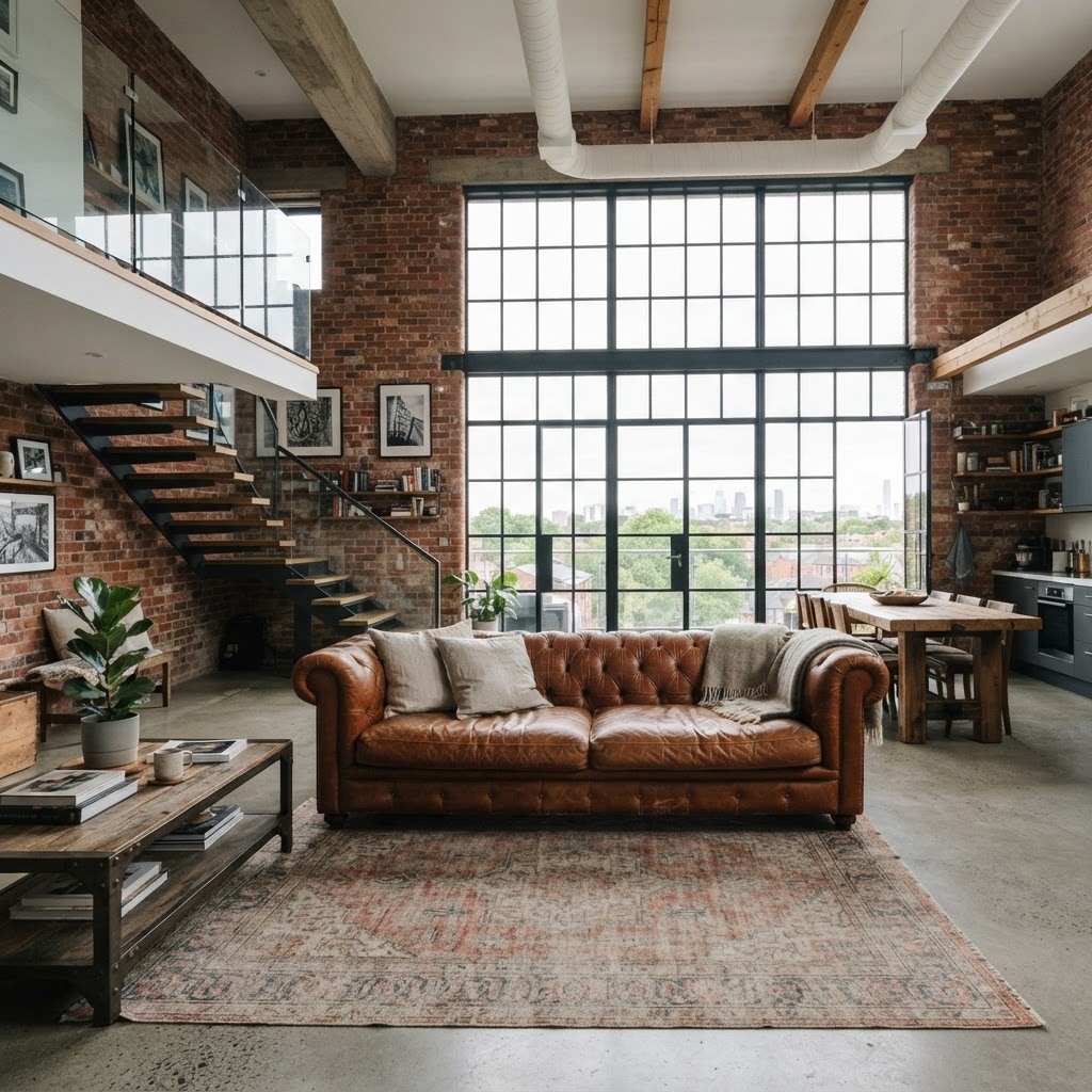 Warehouse loft conversion with exposed brick walls, tall steel windows and a leather sofa
