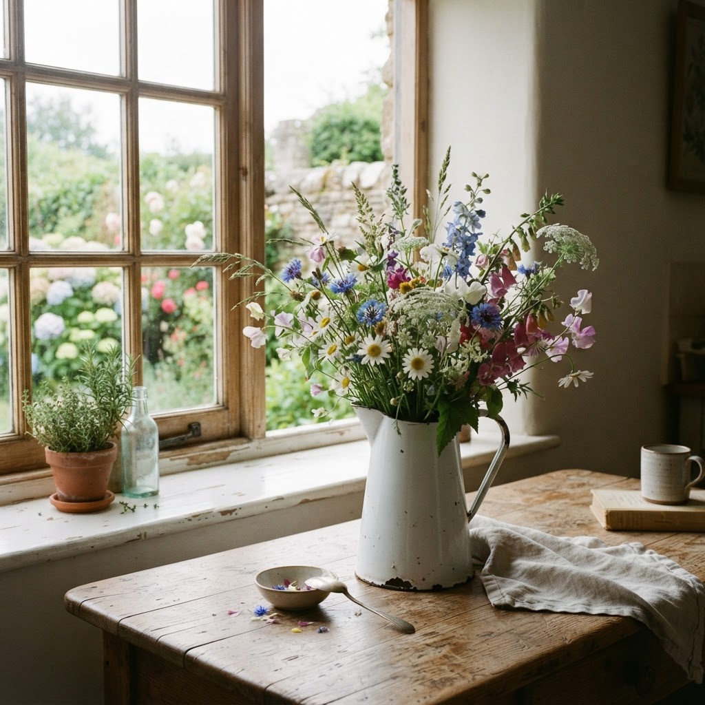 Wildflowers in a white enamel jug on a rustic kitchen table by an open window