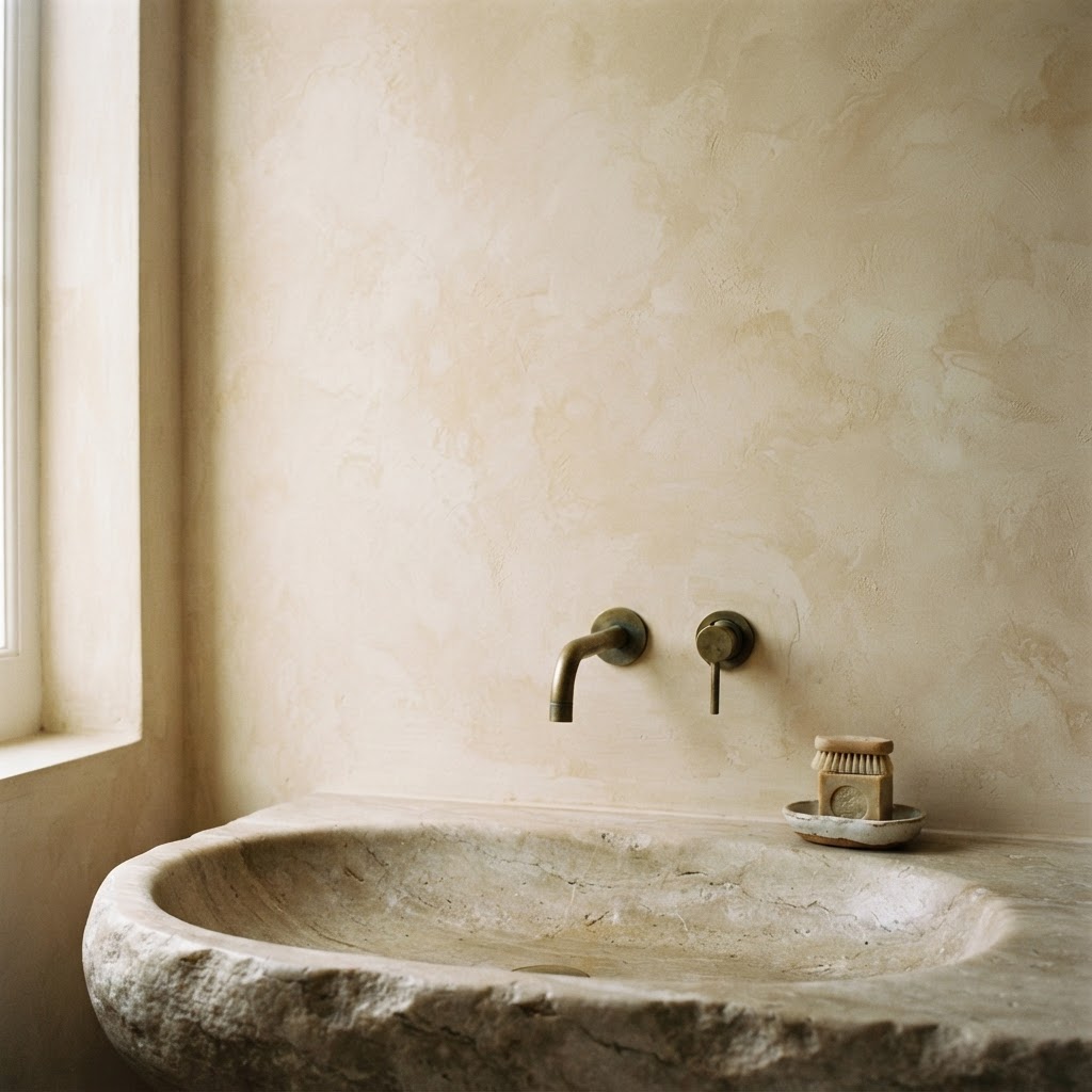 Warm sand limewash wall with a soft cloudy texture above a carved stone basin