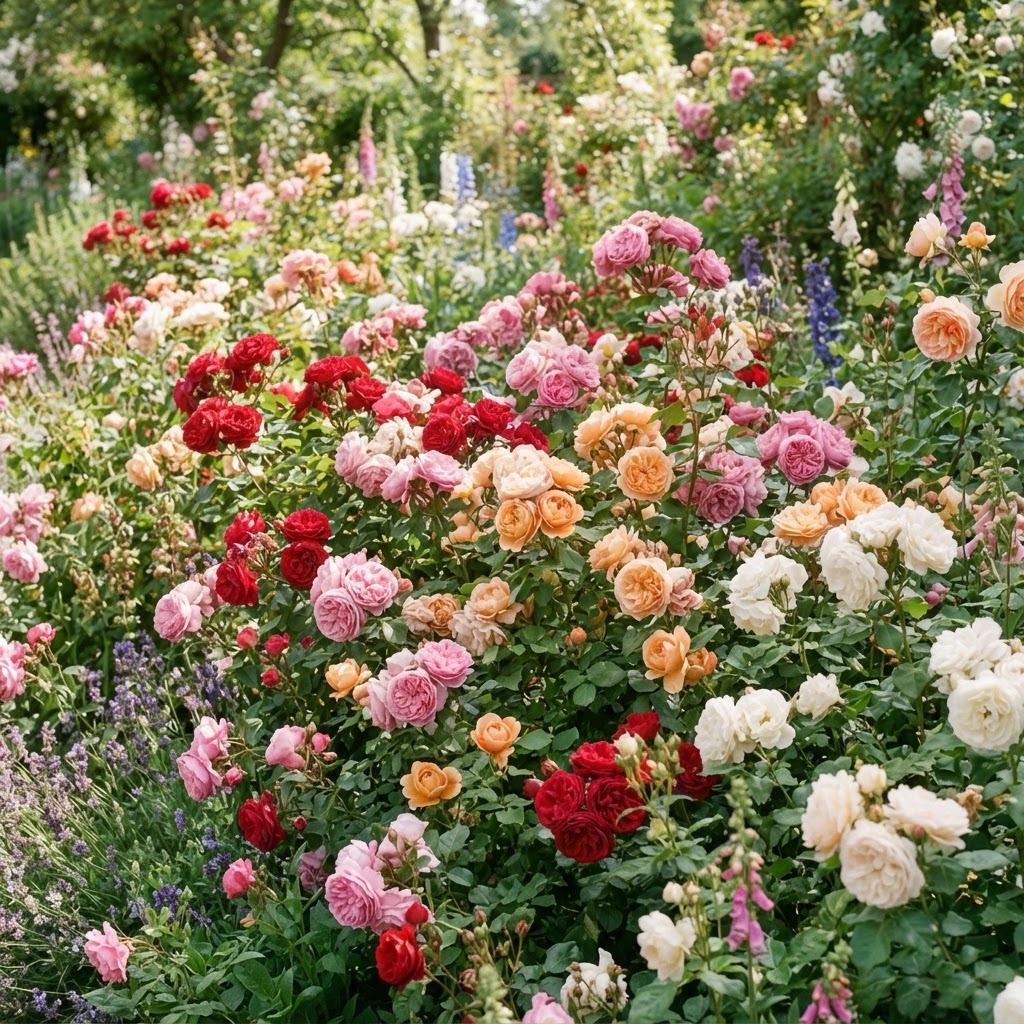 Garden bed of fragrant roses in red, pink, apricot and white in full bloom