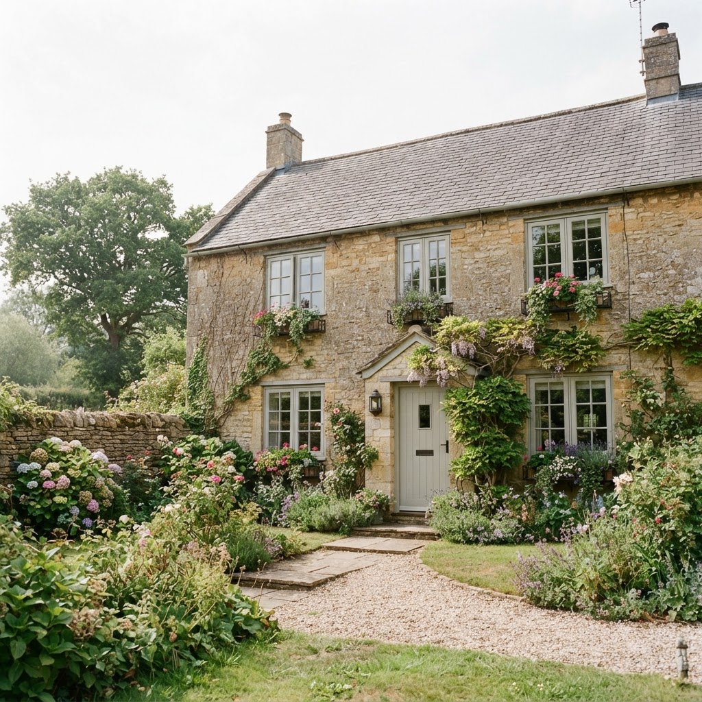 Stone cottage with pale painted casement windows, window boxes and climbing plants