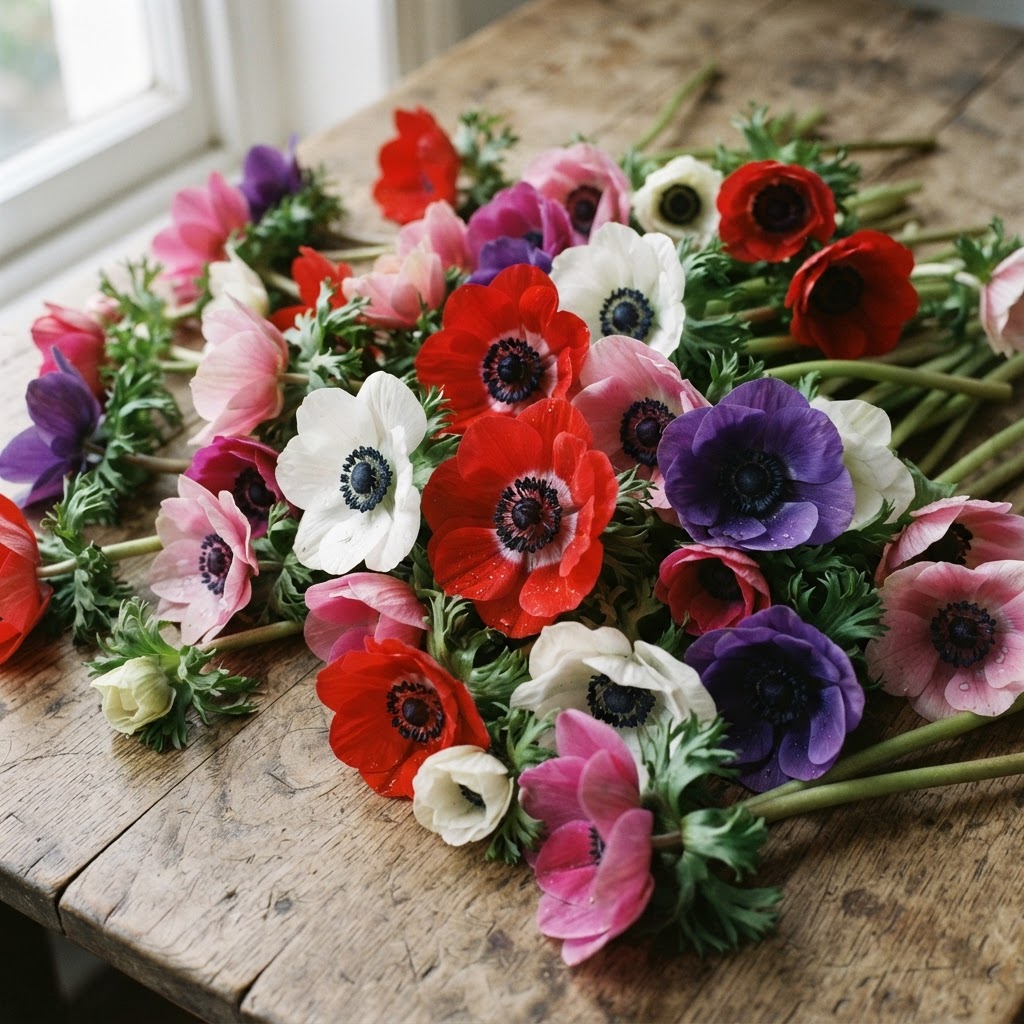 Bunch of red, white, pink and purple anemones with dark centres on a wooden table