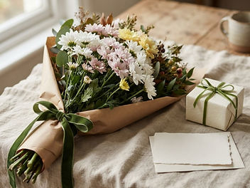 November birthday bouquet of white, pale pink and soft yellow chrysanthemums wrapped in kraft paper with a green velvet ribbon, beside a small gift box and a blank card on linen