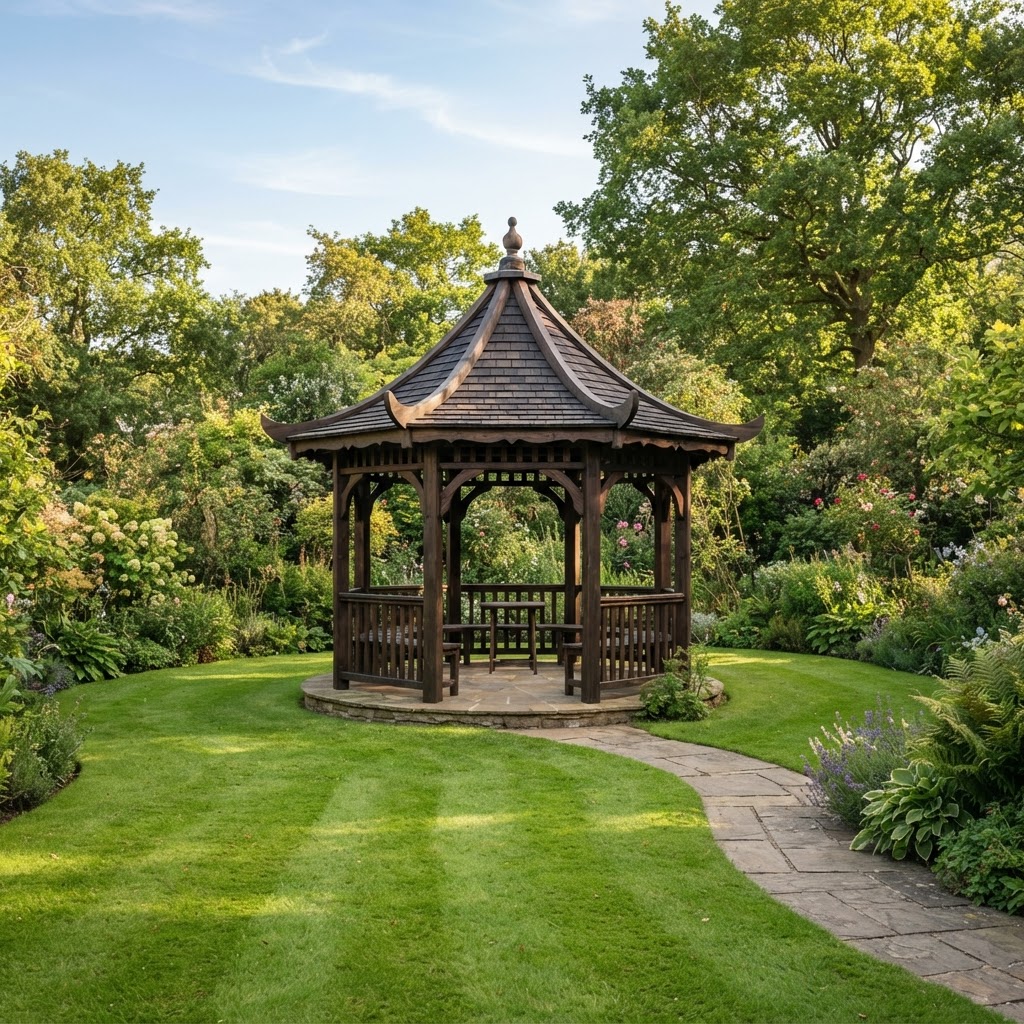 Octagonal timber pagoda gazebo on a lawn surrounded by trees
