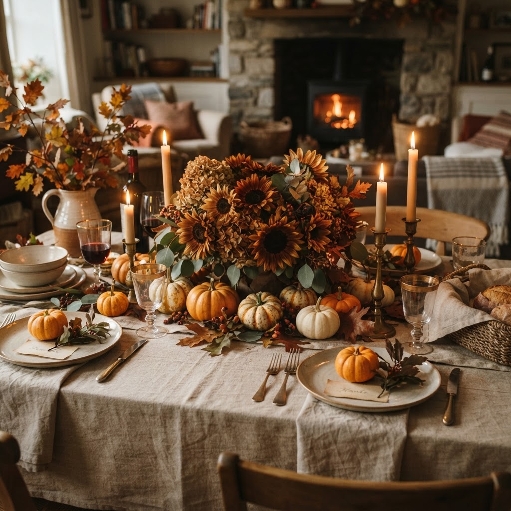 Autumn table decorated with bronze sunflowers, small pumpkins and candles