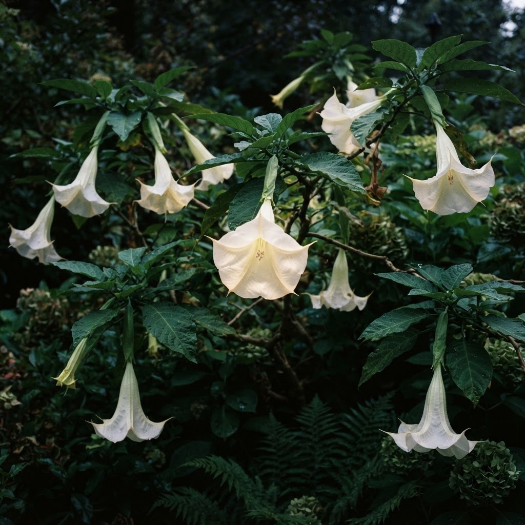 Large white angel's trumpet flowers hanging from a shrub in the evening light