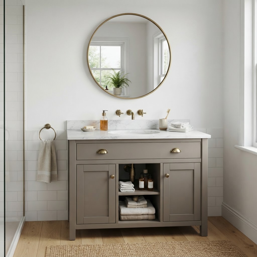 Bathroom vanity painted mid-tone warm gray with a white marble top, brass taps, a round brass mirror and white tiled walls