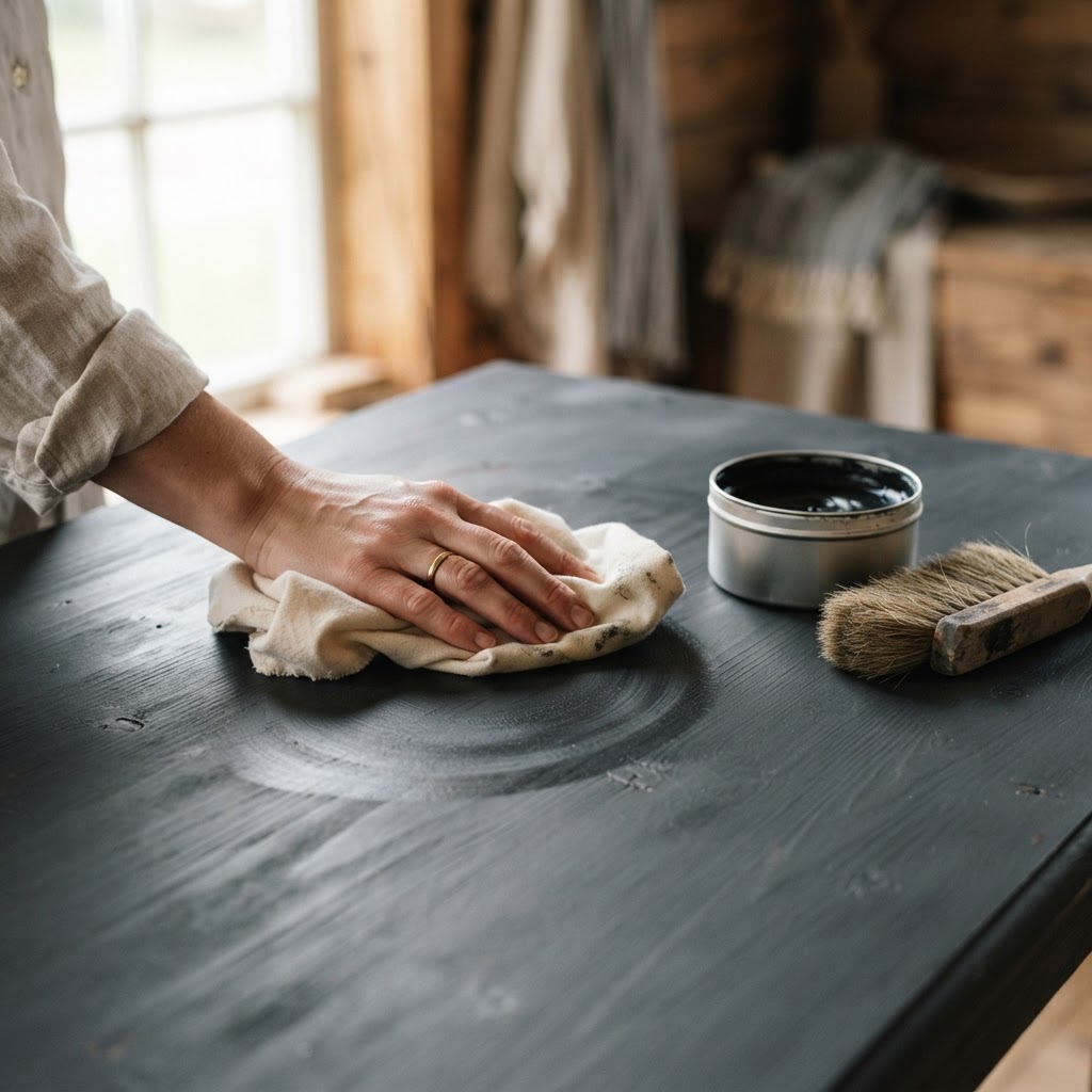 Hand buffing a charcoal chalk-painted table top with a cloth, with a tin of furniture wax and a wax brush