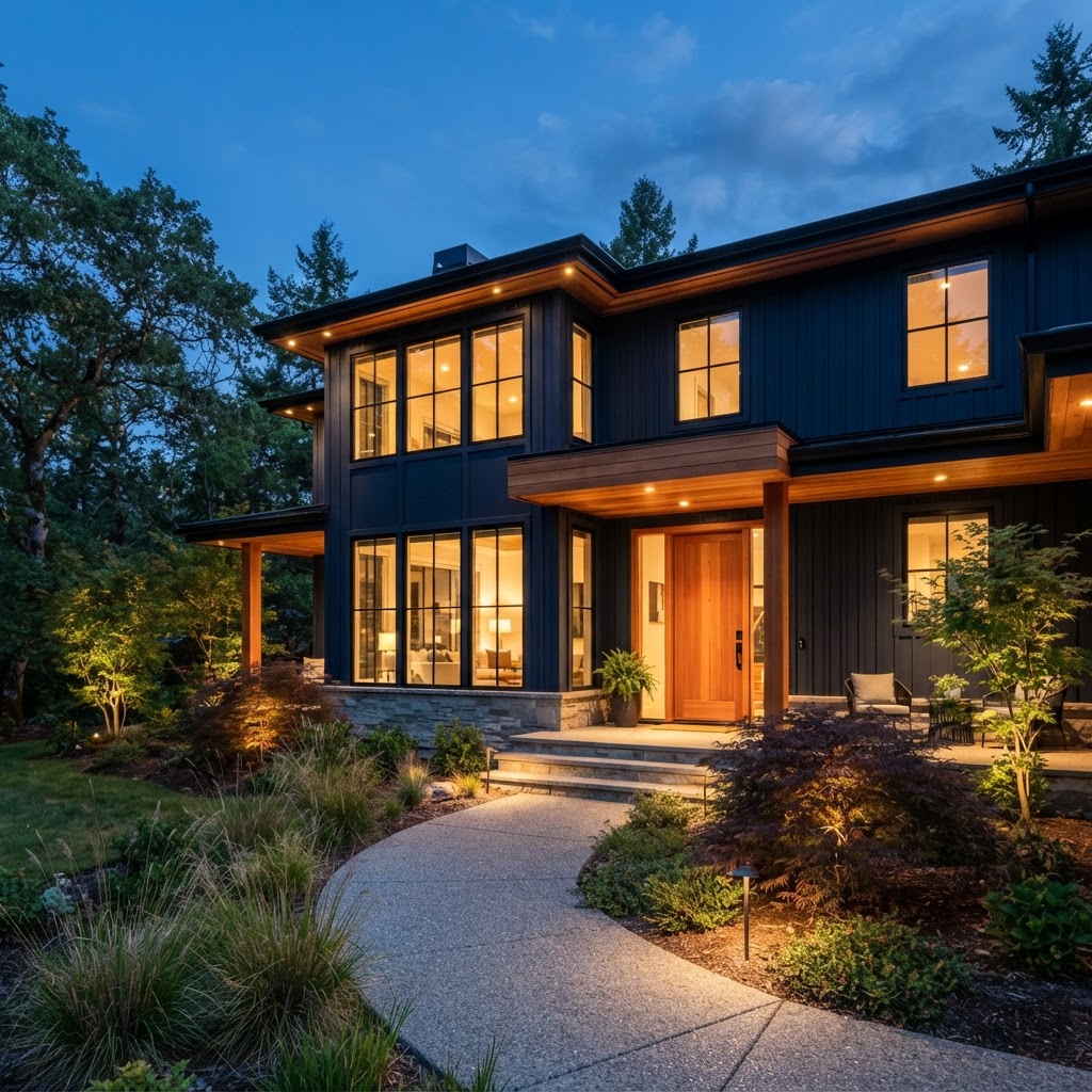 Navy blue modern two-storey house with black window frames and warm cedar on the porch ceiling, soffits and front door, glowing with lights at dusk above a curved lit path